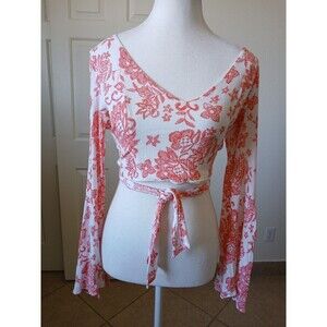 Solemio Bell Sleeve Crop Blouse Orange White Floral Medium Bare Back Y2K 90's